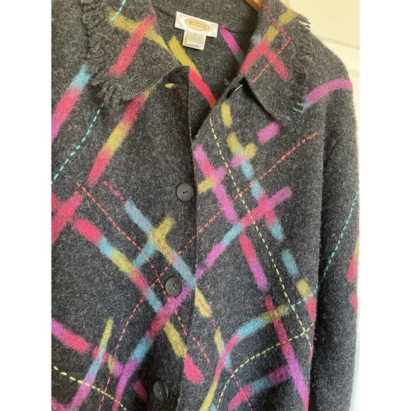 Vintage Talbots Boiled Wool Grey & Rainbow Disco Button Up Fringe Cardigan Med - Picture 5 of 9